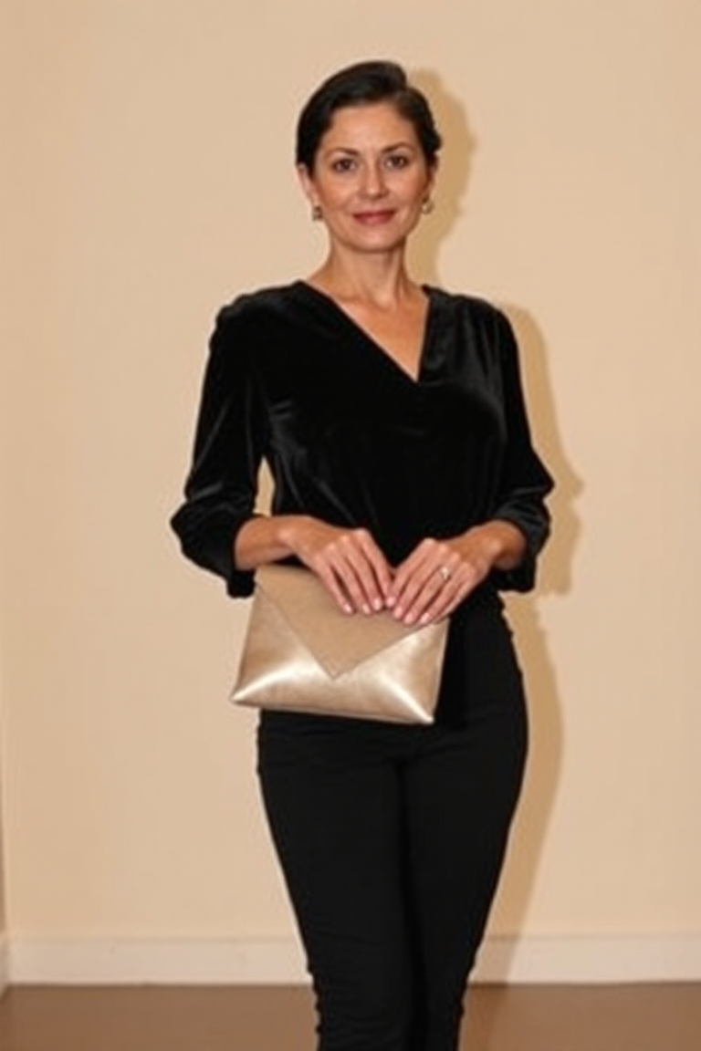 A woman in a black velvet blouse with a pair of black skinny jeans, holding a small metallic clutch, standing