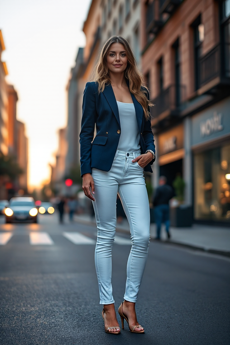 A woman in a navy fitted blazer paired with white jeans and heels, standing on a city street at dusk with soft