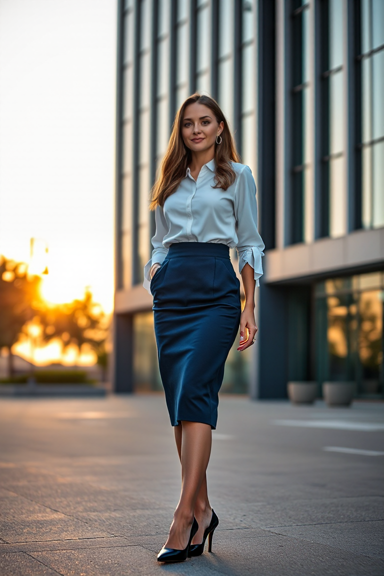A full-body fashion photo of a woman wearing a navy blue pencil skirt with a white blouse and black heels, sta