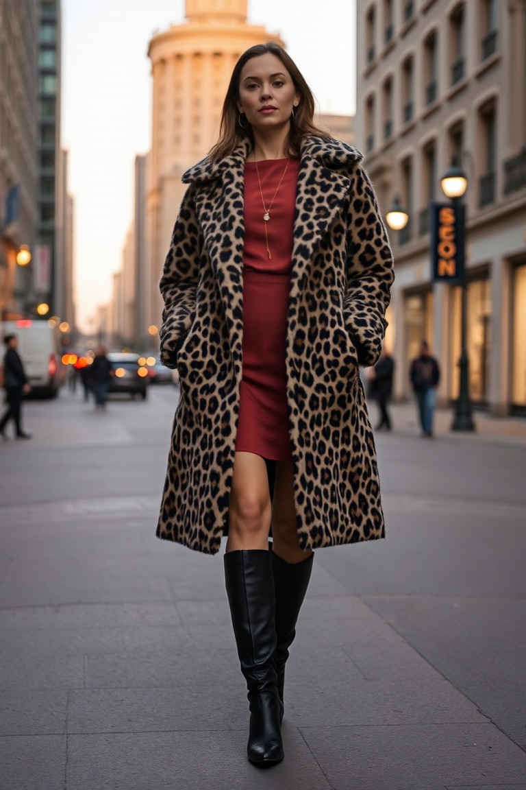 A woman in a large leopard print coat over a solid-coloured dress and black boots in an urban evening setting
