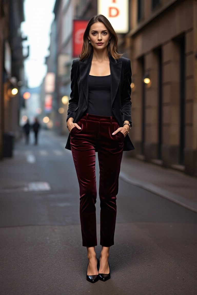 A woman in a pair of cropped trousers made of velvet paired with a fitted black top, a long blazer, and a pair