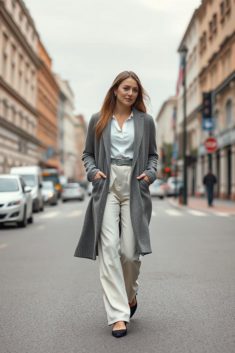 A woman in a grey cashmere long cardigan over a white blouse and high-waisted trousers, walking on a city stre