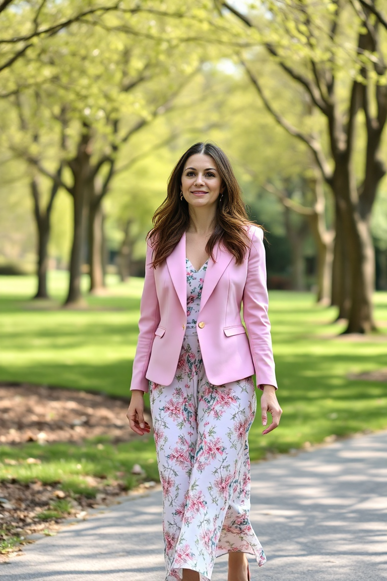 A woman in a pastel pink blazer over a floral dress, walking through a park in spring with dappled sunlight fi
