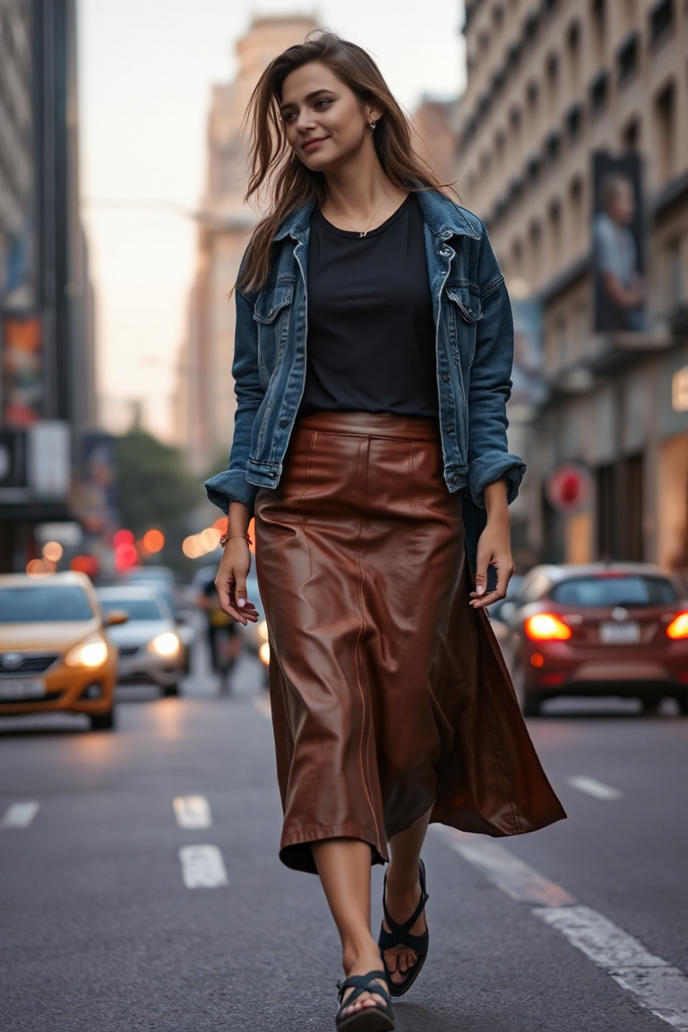 A woman in a mid-length brown leather skirt with a simple black t-shirt and a denim jacket, walking confidentl