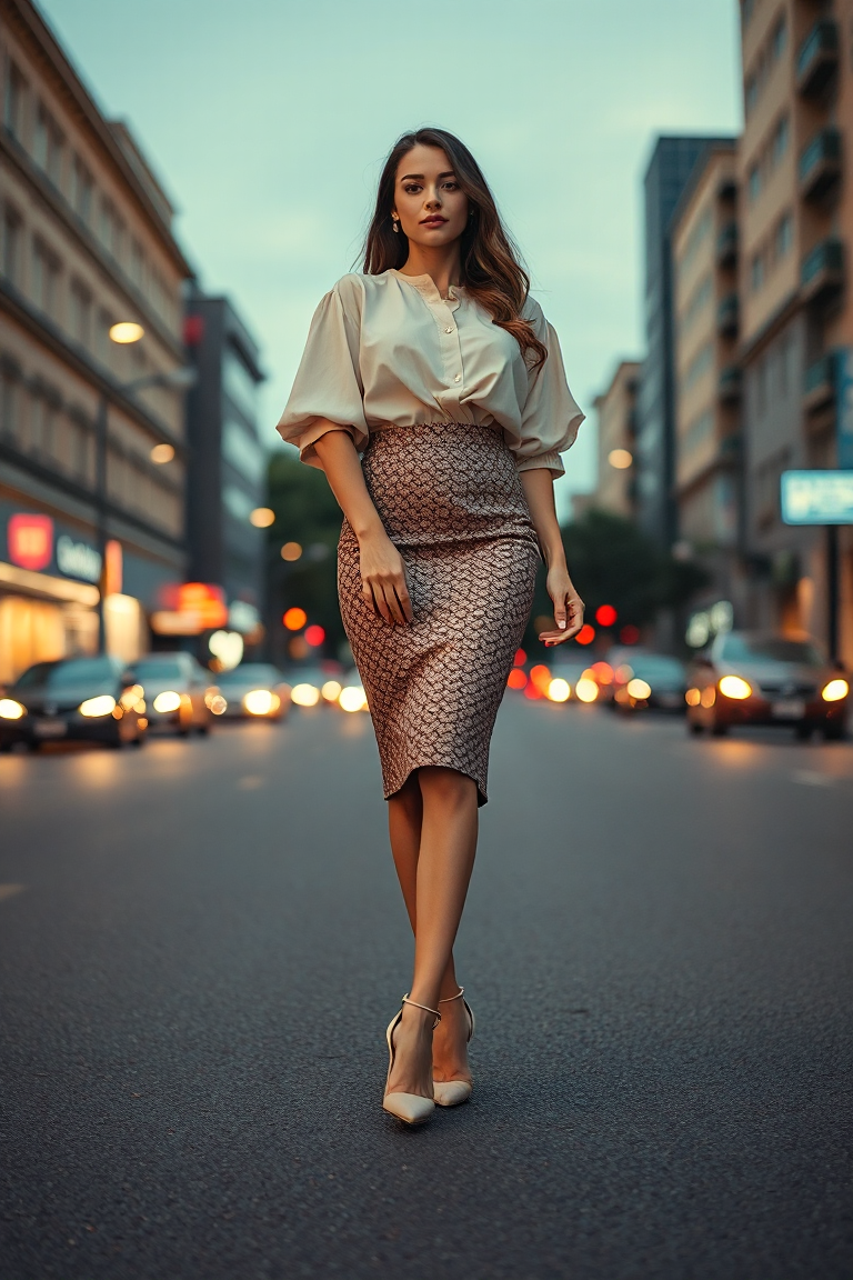 A full-body fashion photo of a woman in a patterned pencil skirt with a flowy pastel blouse and strappy heels,