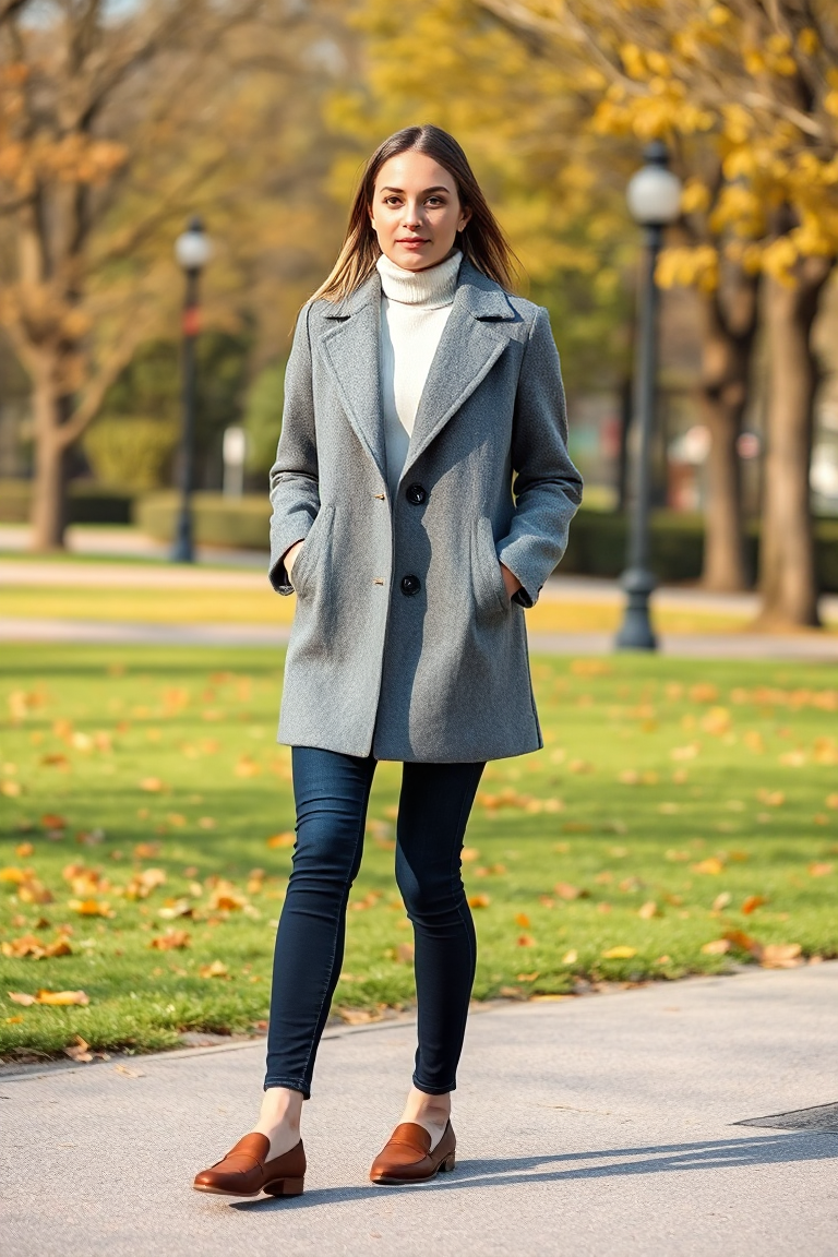 A woman in a casual outfit featuring a grey cashmere coat over a simple white turtleneck, dark blue skinny jea