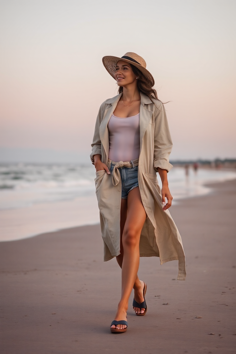 A woman dressed in a light linen trench coat over a tank top and shorts, wearing sandals and a wide-brimmed ha