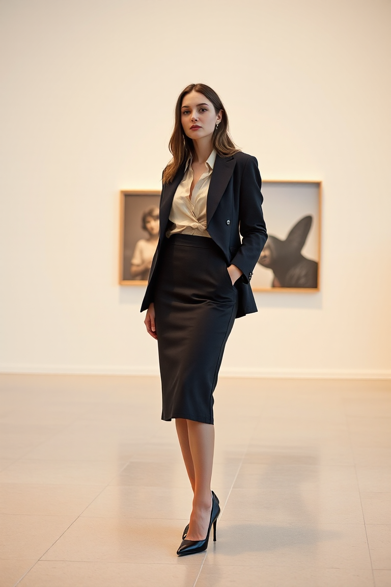Full-body fashion photo of a woman wearing a black midi pencil skirt, a silk cream blouse, and a navy blazer,