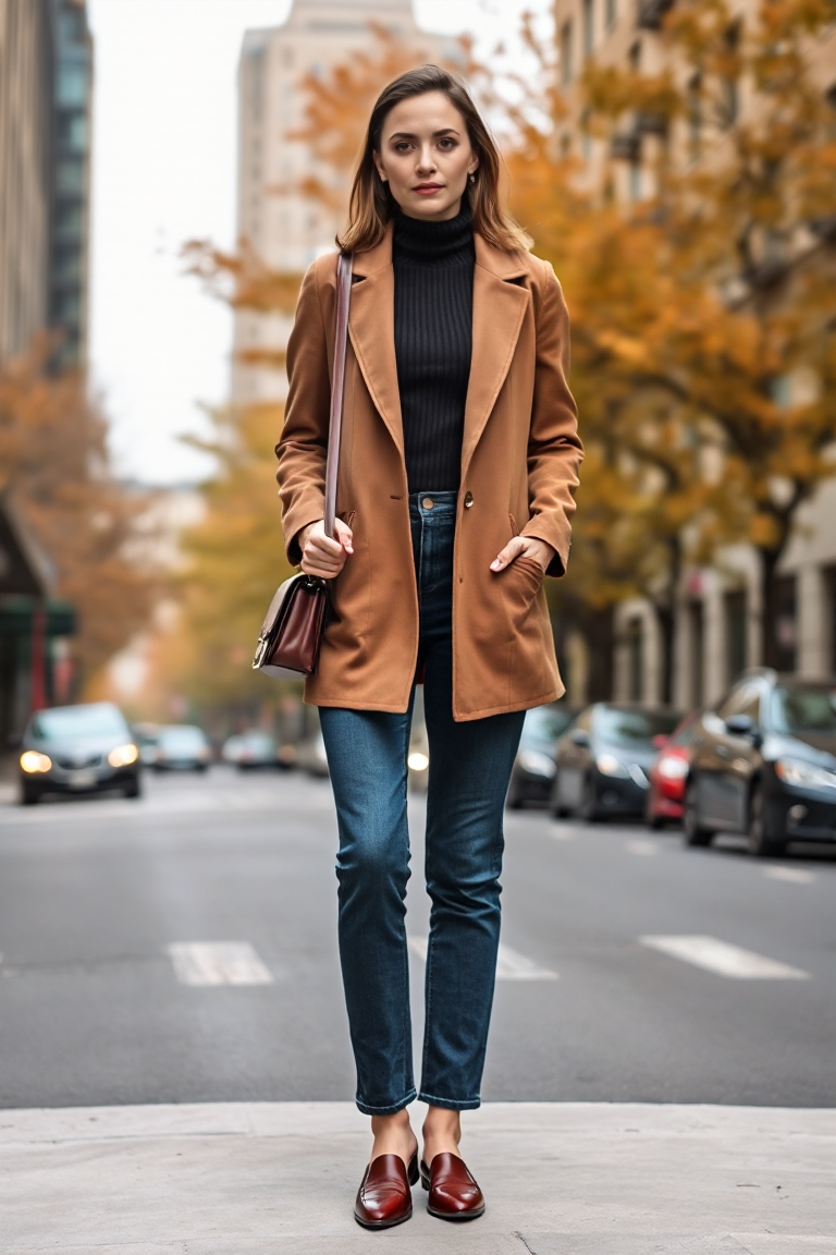 A woman in a fitted camel blazer coat, black ribbed turtleneck, and high-waisted straight-leg jeans standing i