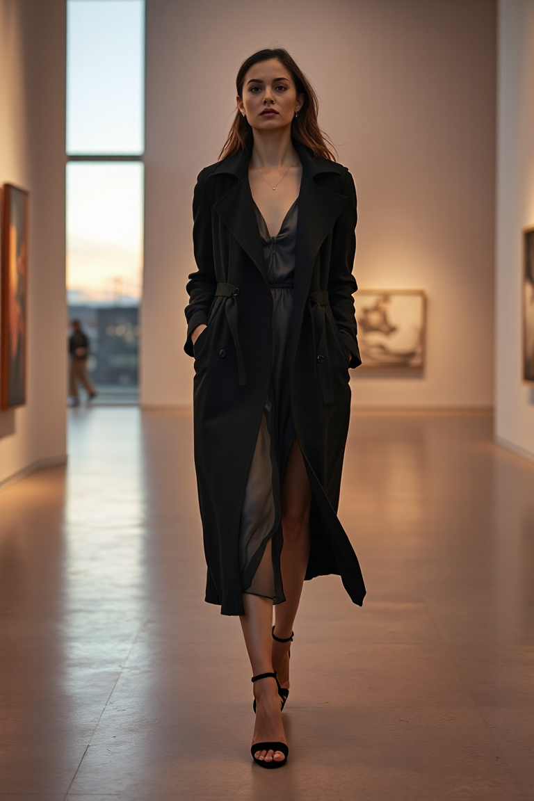 A woman in a black trench coat with a silk slip dress and strappy heels, walking through a modern art gallery