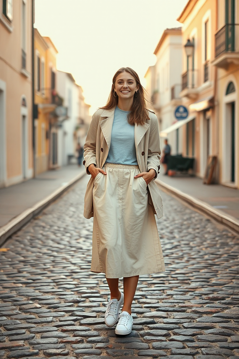 A woman in a cream linen midi skirt, white sneakers, a light blue long-sleeve t-shirt, and a beige trench coat