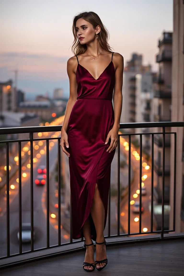 A woman in a deep burgundy silk slip dress with a fitted silhouette, wearing strappy black heels and a delicat