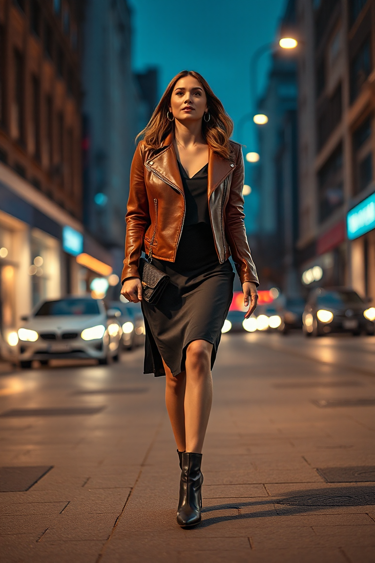 Full-body fashion photo of a woman walking along a city street at night, wearing a brown leather jacket, a bla