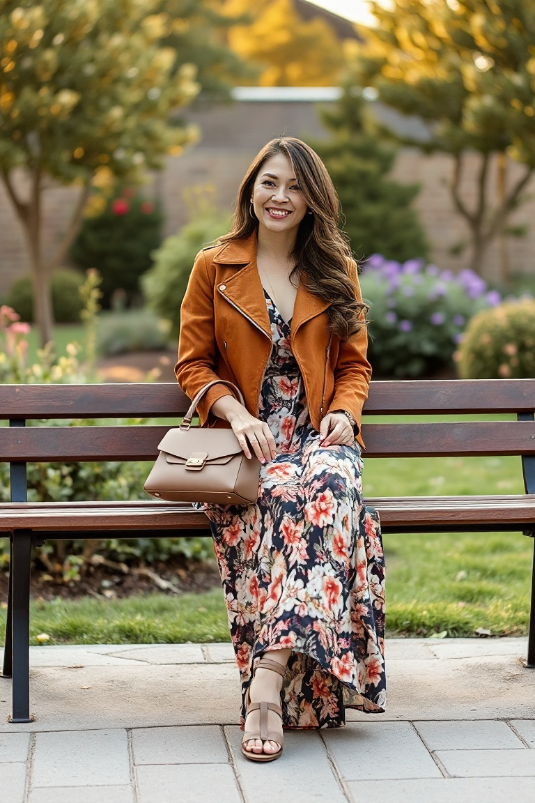 A woman wearing a brown suede leather jacket over a floral print maxi dress, accessorised with a structured ha