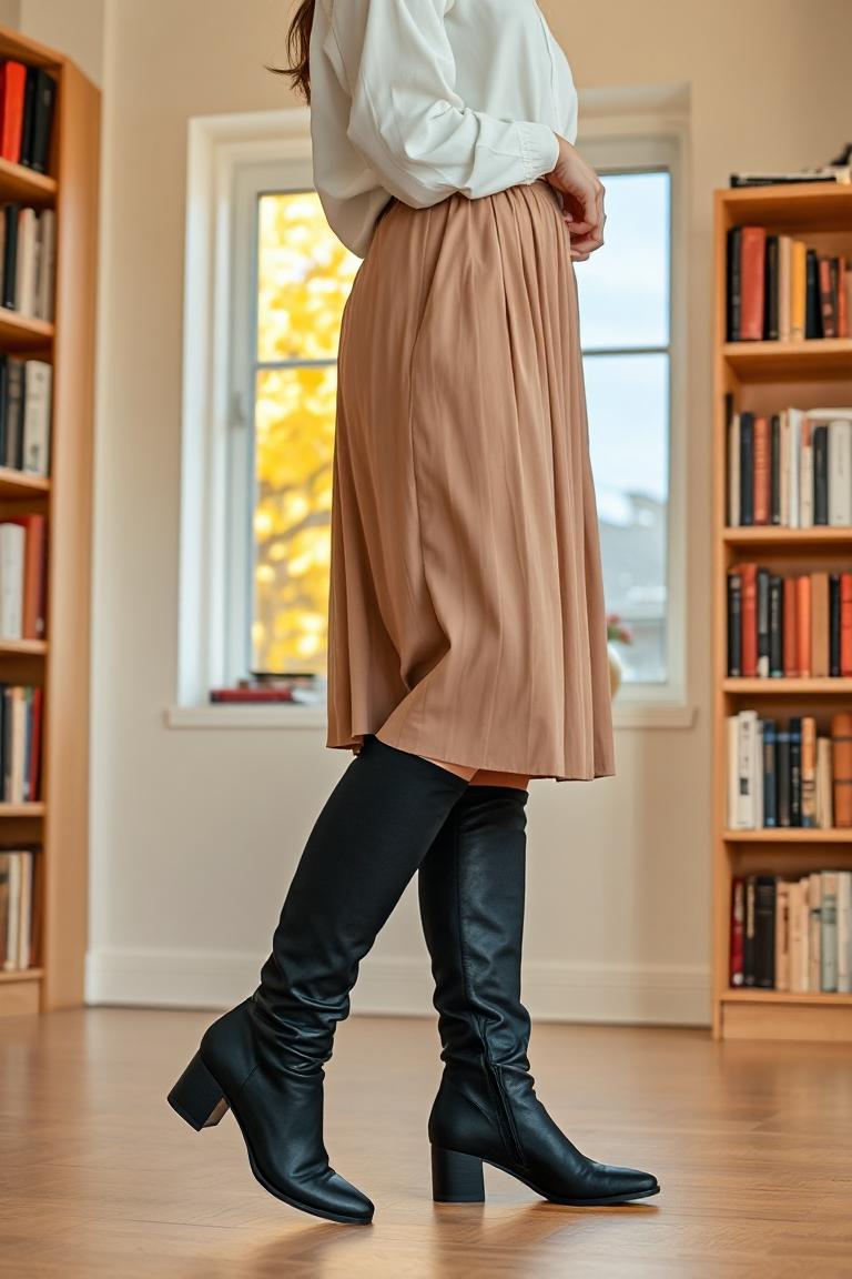 A woman wearing a black knee-high boot, paired with a pleated skirt in a neutral colour and a white blouse, st