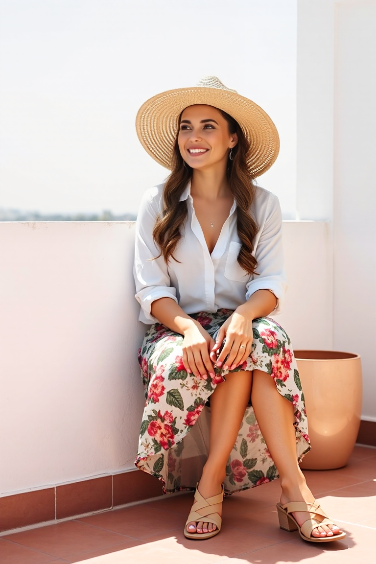 A woman in a v-neck white shirt paired with a floral skirt, sitting on a sunny terrace, wearing nude sandals a