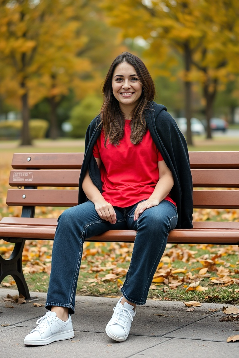 A woman sitting on a park bench in a cozy, autumn setting, wearing a pair of dark wash straight-leg jeans, a b
