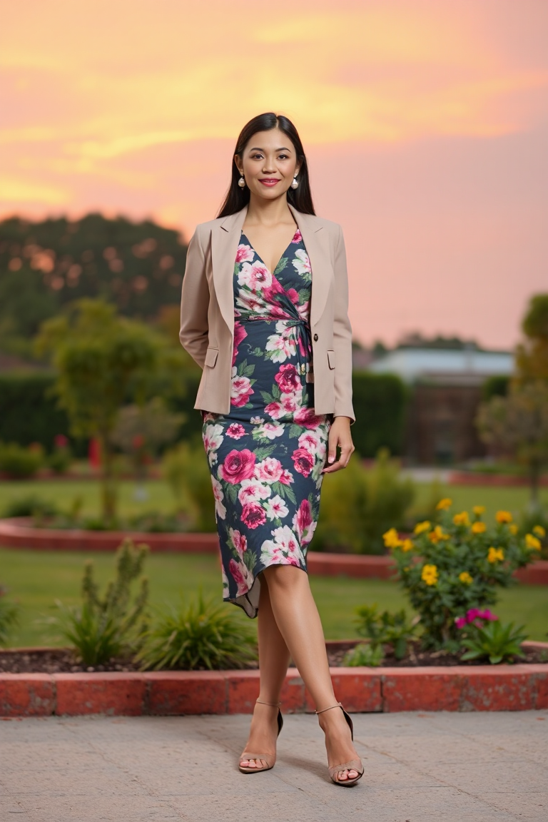 A woman in a floral wrap dress, wearing a blazer, heels, and pearl earrings, posing in a garden at sunset with