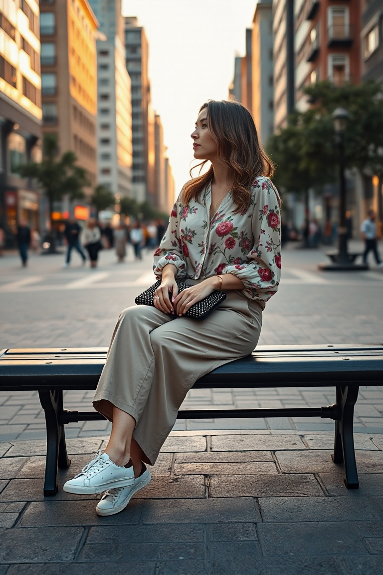 A woman in a pair of cropped trousers and a loose-fitting floral blouse, paired with casual sneakers and a bea