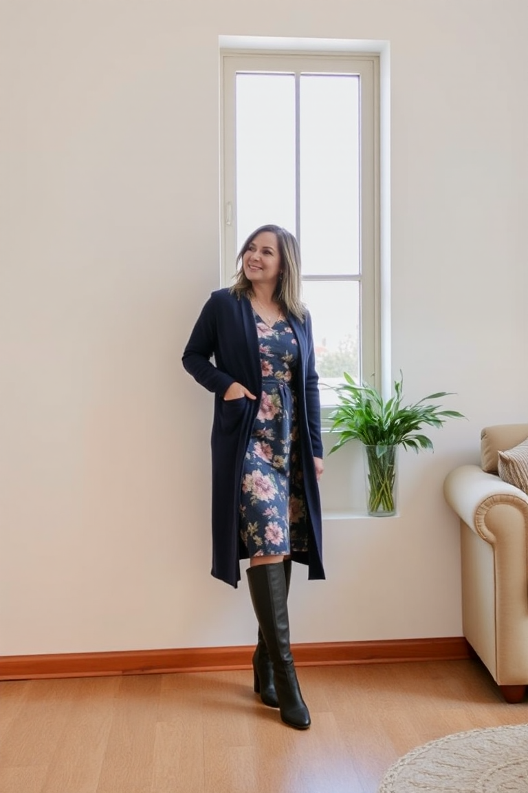 A woman in a navy long cardigan over a floral dress and knee-high boots, posing by a window in a cozy living r