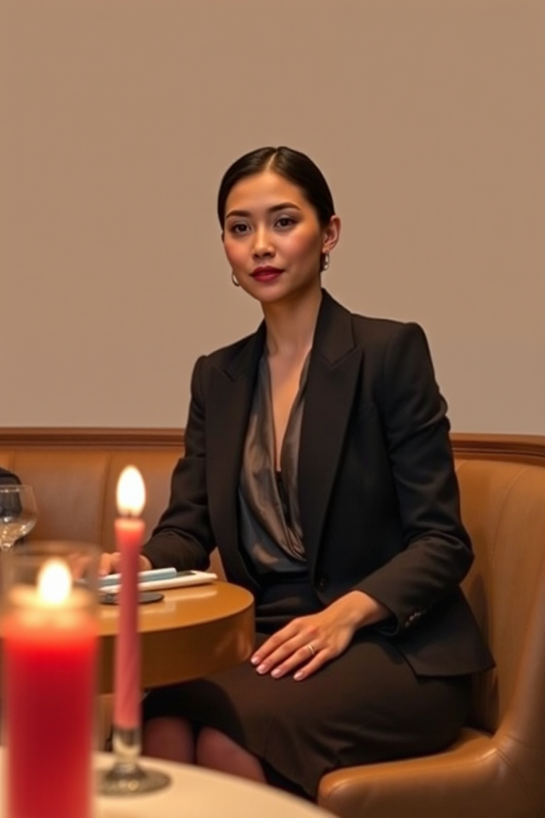 A woman in a black fitted blazer paired with a black pencil skirt and a silk blouse, sitting at a restaurant t