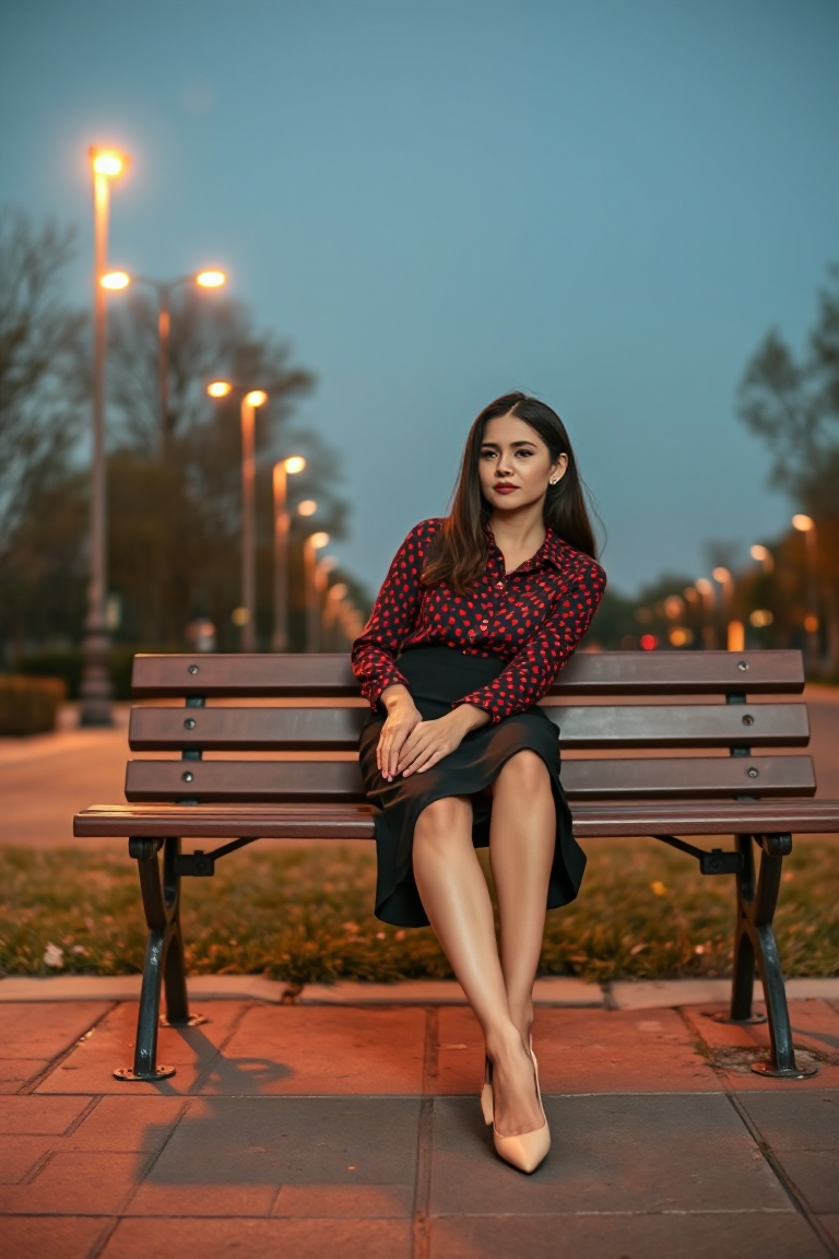 A full-body fashion photo of a woman wearing a black pencil skirt with a red printed blouse and nude heels, si