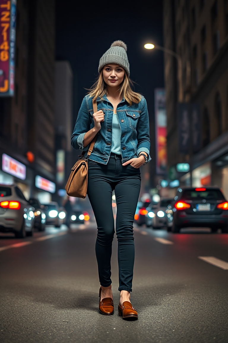 A woman in slim fit trousers, a denim jacket, and loafers, walking down a busy city street at night with a cas