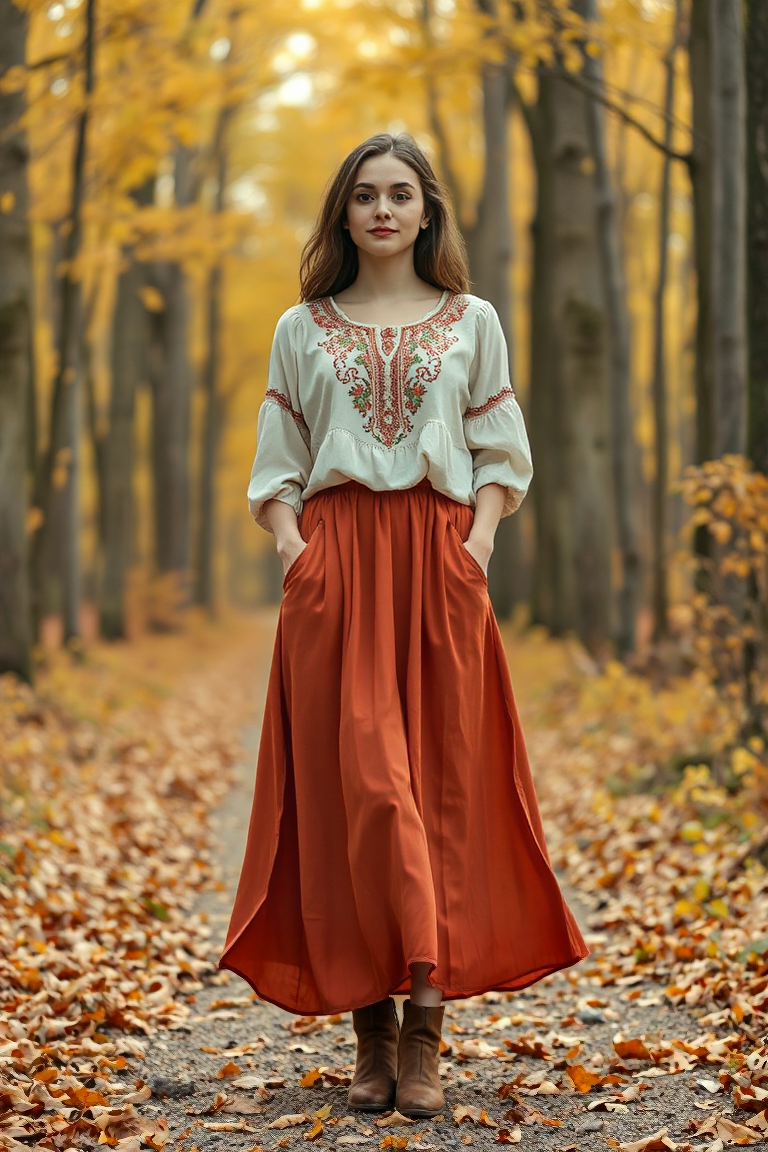 Full-body fashion photo of a woman wearing a rust-colored flowy midi skirt, a loose embroidered peasant top, a