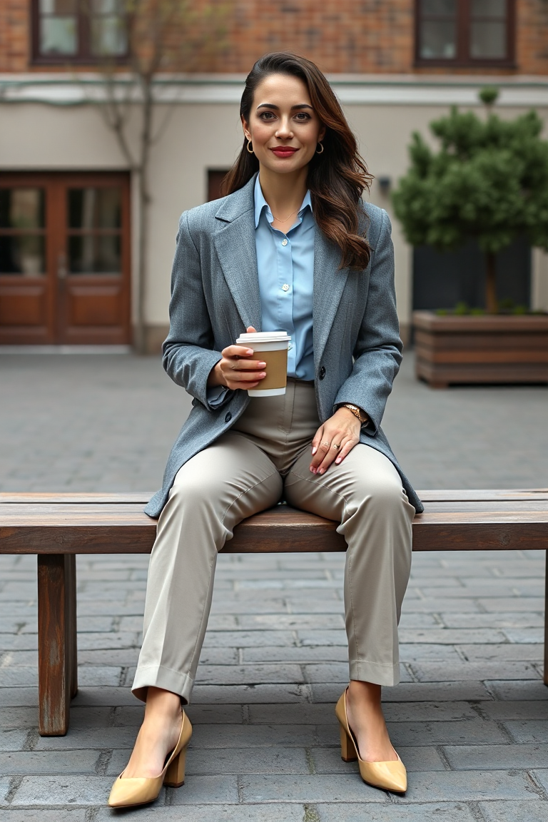 A woman in a fitted grey blazer coat, light blue button-down shirt, and tailored beige trousers, sitting on a