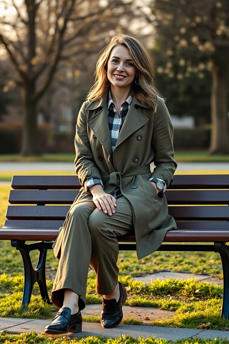 A woman in a short olive green trench with a plaid shirt and chinos, sitting on a park bench in early spring,