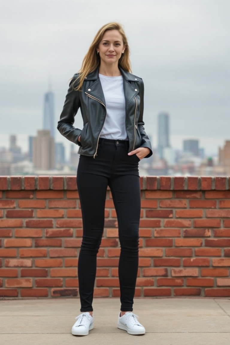 A woman in a black leather jacket, black skinny jeans, white sneakers, and a white t-shirt, standing in front 