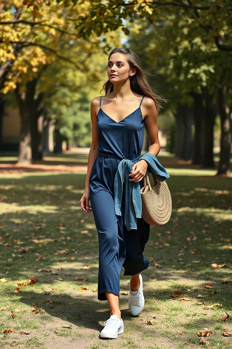 A woman in a navy silk slip dress paired with a medium-wash denim jacket tied at the waist, wearing white leat