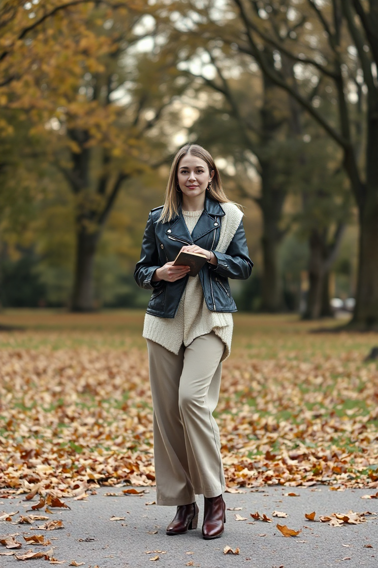 Full-body fashion photo of a woman standing in a park during autumn, wearing a black leather jacket, a cream o