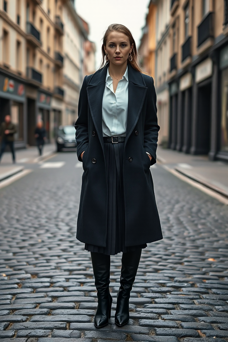 A woman in a tailored white shirt with a spread collar, worn under a long navy wool coat, paired with a pleate