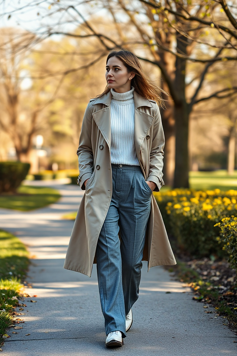 A woman in a beige lightweight trench coat, white ribbed sweater, and high-waisted grey trousers walking throu