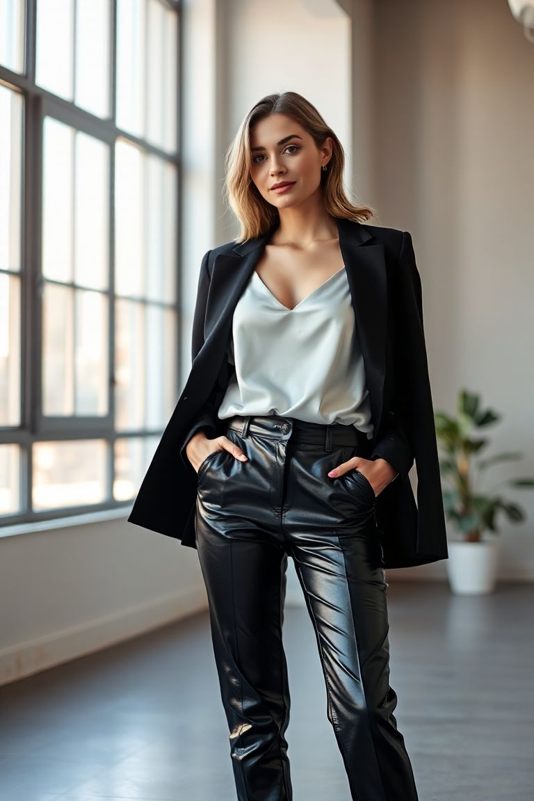 A woman in a sleek black leather trouser, paired with a white silk camisole and a fitted black blazer, standin