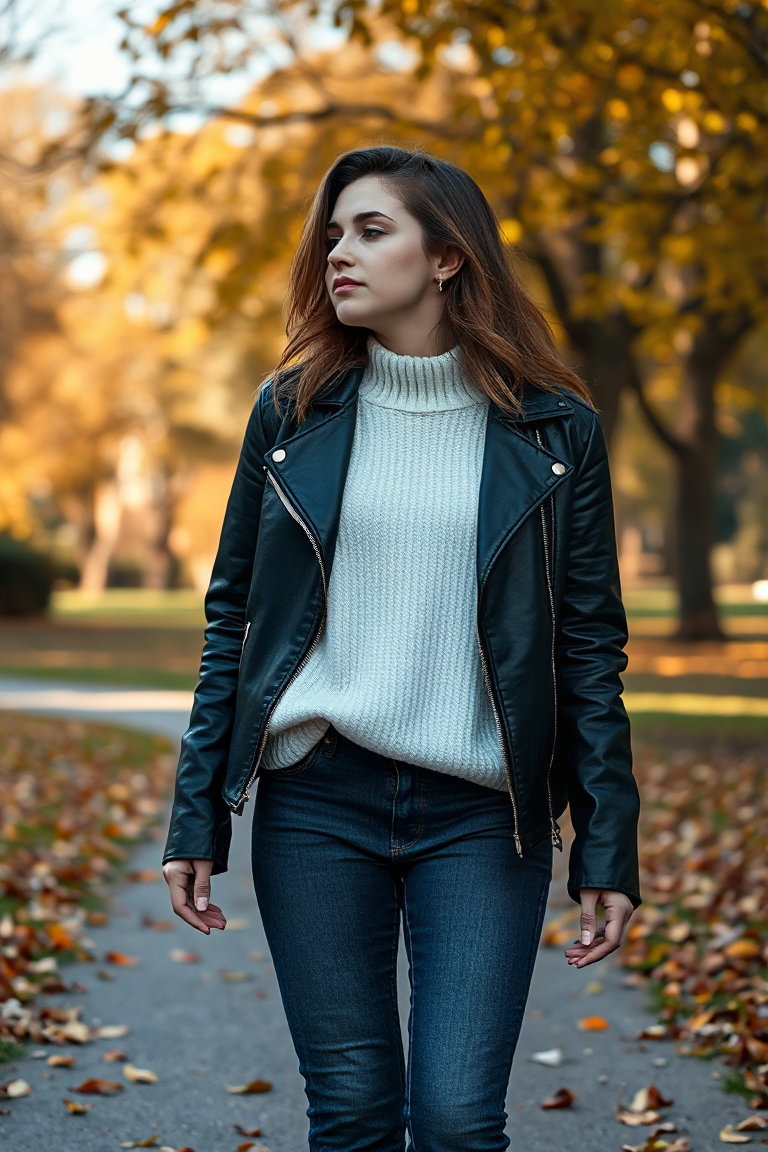 A woman in a black leather jacket over a white oversized sweater and dark jeans, walking through a leafy park 