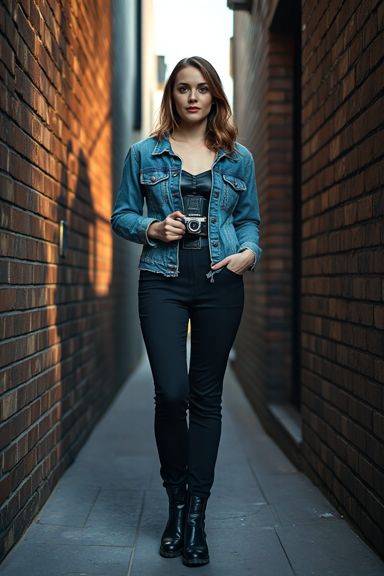 A woman stands in a narrow alleyway in East London, wearing a distressed denim jacket with frayed edges, a bla