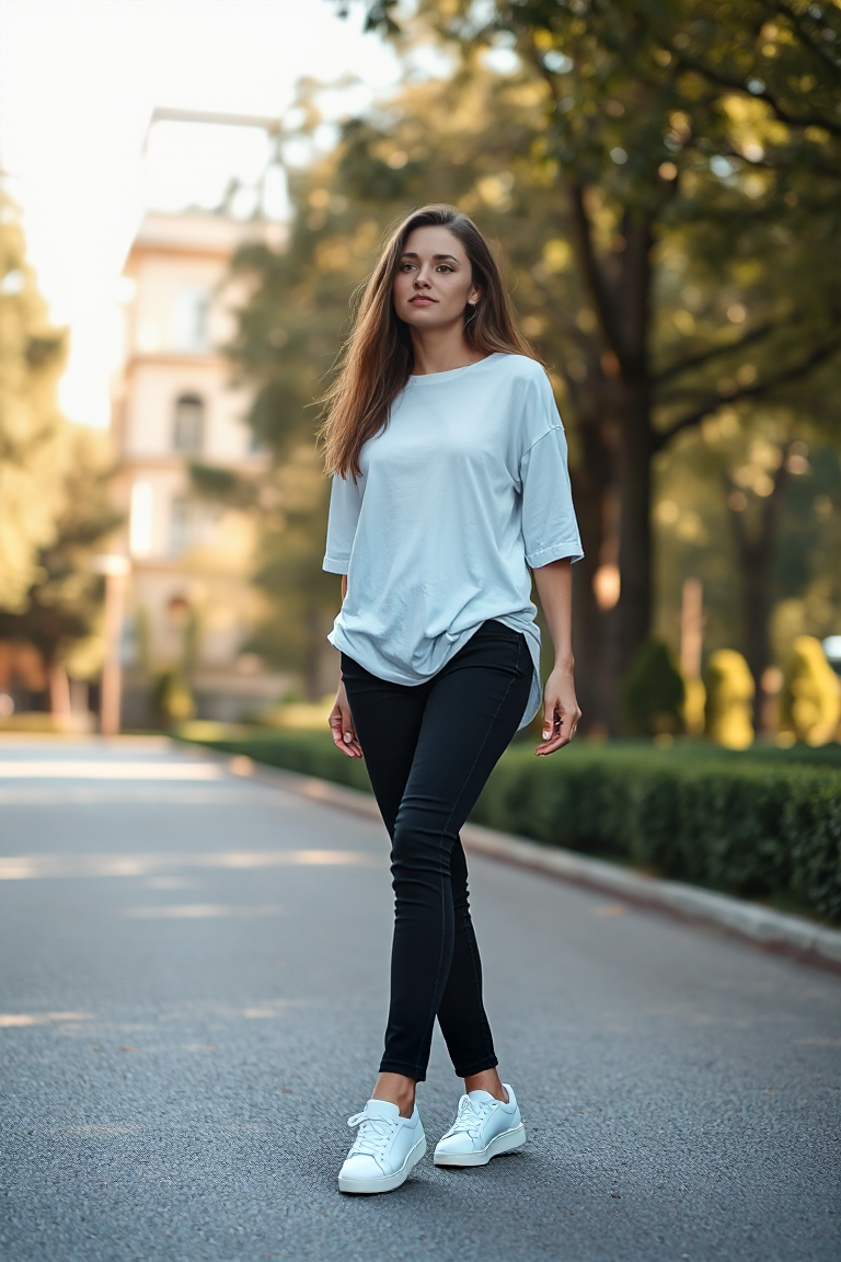 A woman in a black skinny jeans, white oversized t-shirt, and white sneakers, standing in a sunlit urban park