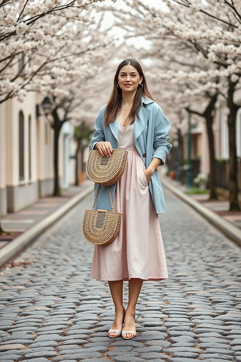A woman in a light blue linen coat over a pastel pink midi dress, holding a woven straw bag, standing on a cob