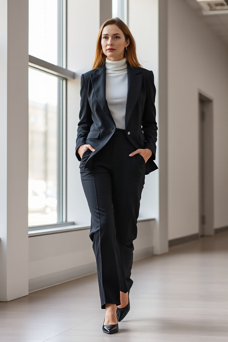 A woman in high-waisted black wool trousers with a tailored navy blazer and a white turtleneck, walking throug