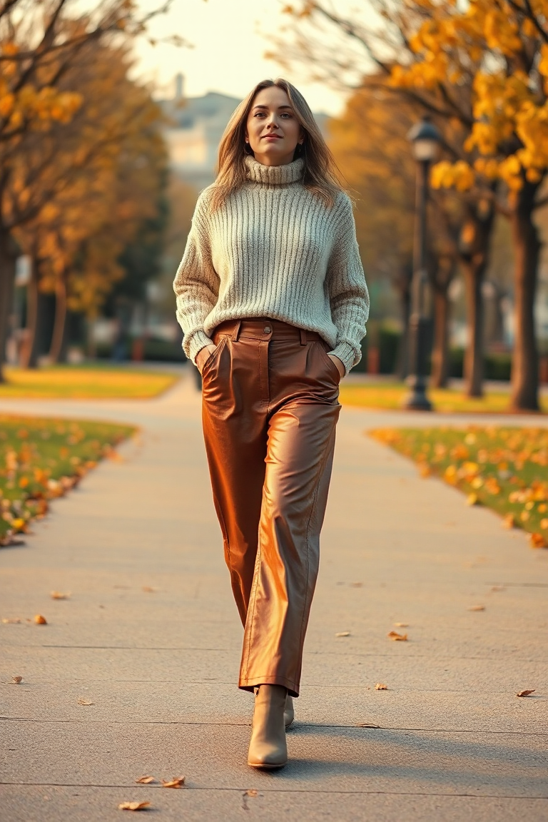 A woman in a wide-leg brown leather trouser, wearing a cream oversized knit sweater and ankle boots, walking t