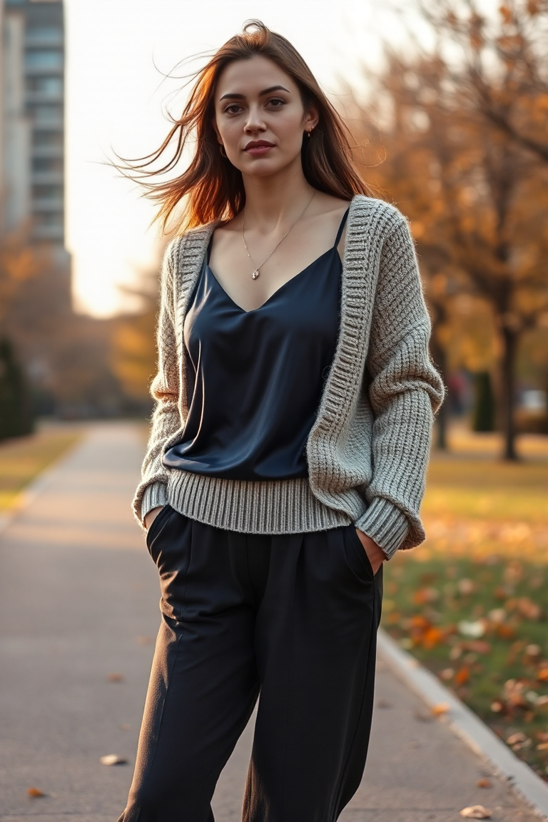 A woman in a navy silk cami layered under a chunky cream knit jumper and dark wool trousers, standing in an ur