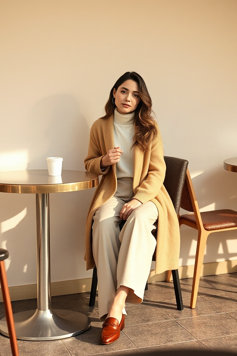 A woman in a longline beige cardigan over a white turtleneck, paired with tailored wide-leg trousers and loafe