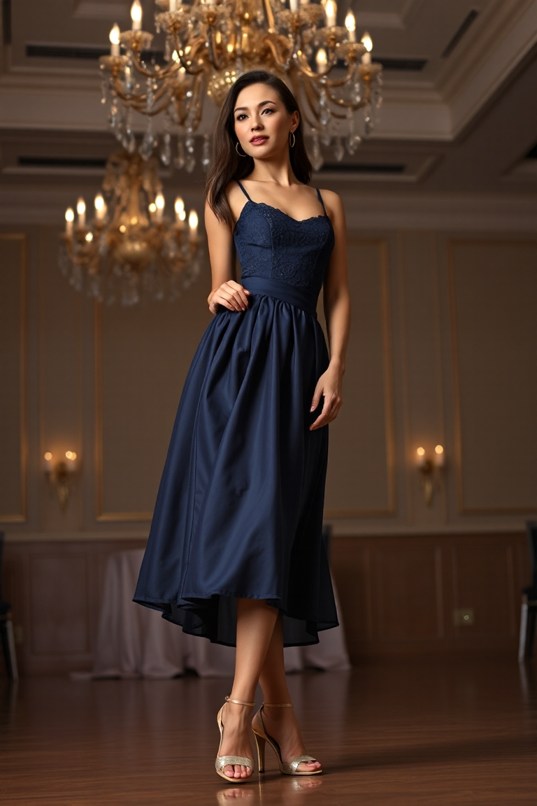 A woman wearing a navy blue satin ballet skirt with a lace camisole and strappy gold heels, posing elegantly i