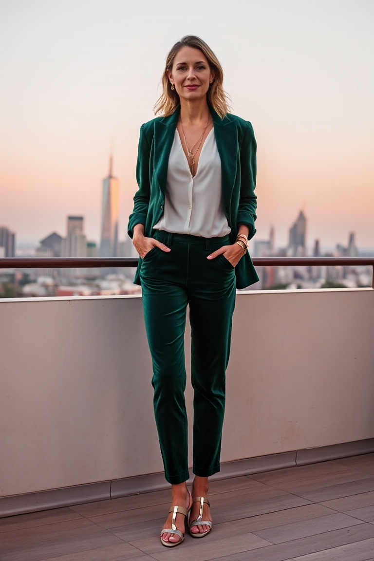 A woman in emerald velvet trousers, a sheer white silk blouse, and strappy sandals, standing on a terrace over