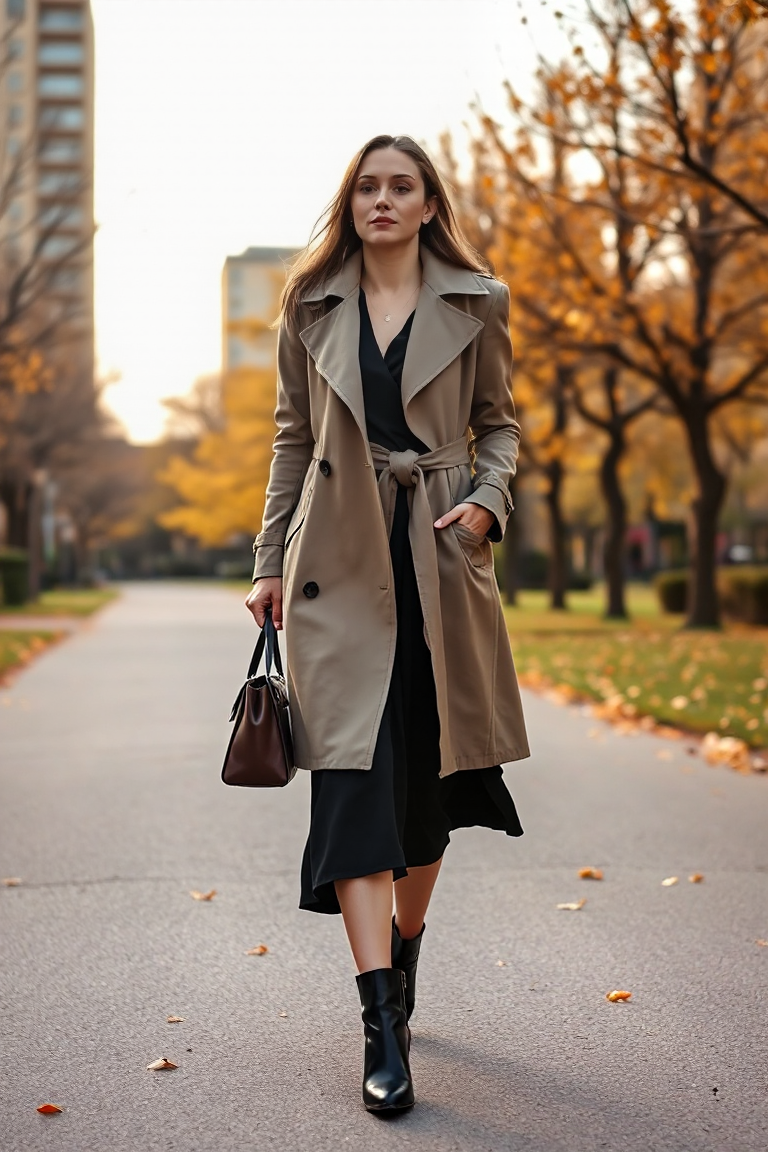 A woman in a long-sleeve black wrap dress with a high neckline, layered under a tailored beige trench coat, wa