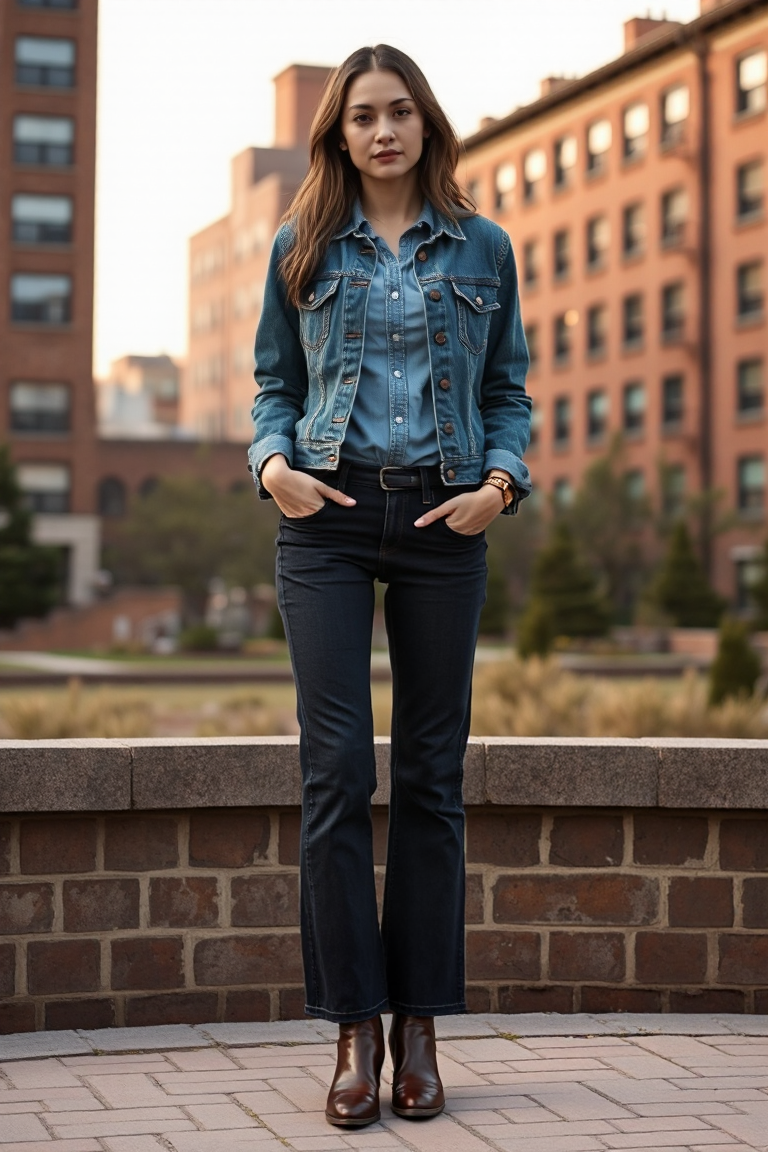 A woman in a medium-wash denim jacket and a fitted denim shirt stands against a backdrop of brick buildings in