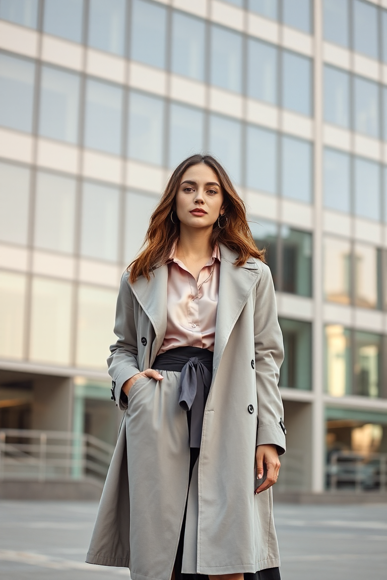 A woman in a light grey lightweight trench coat, a pastel pink silk blouse, and a high-waisted black skirt, st