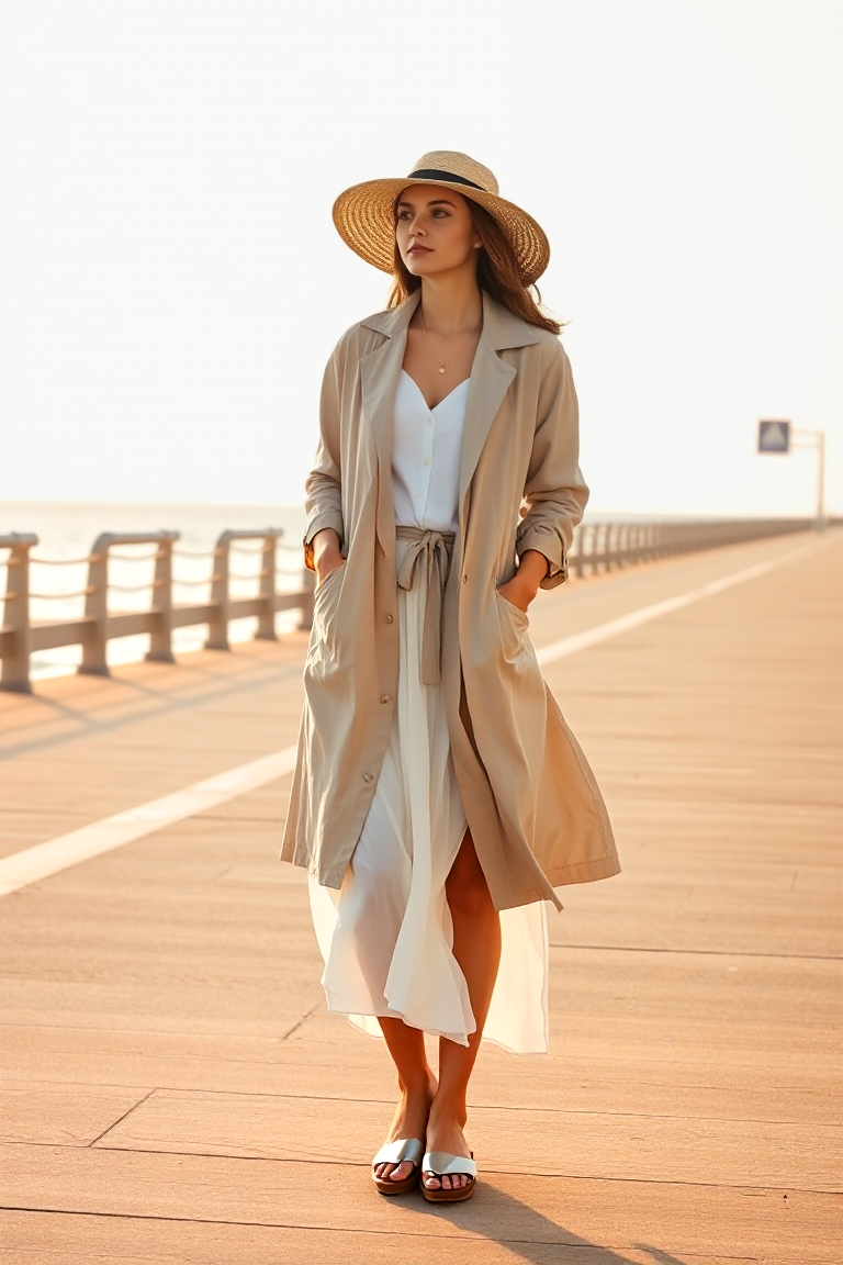 A woman standing on a sunlit summer beachside promenade wearing a lightweight linen trench coat over a flowy w